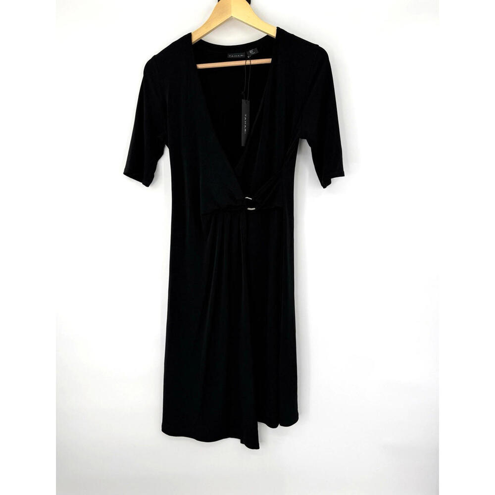 Womens Tahari Black Velvet Trim V-Neck Ruched Sheath Dress Size 4 Black NWT